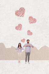 Sticker - Photo contemporary design collage of two lovers showing love gesture symbol romantic isolated on painted hearts with gray background