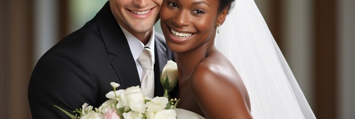 Poster - Happy smiling young bride and groom, international wedding couple