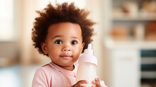 Smiling African Baby Bathes And Drinks From A Baby Bottle