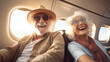 Retired couple has fun during their flight to the resort. Cartoon style illustration