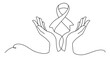 Two hands open looking up holding cancer ribbon. one line art.