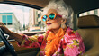Photo of attractive comic retired senior woman hold steering wheel shocked driver wear trendy pastelle clothes cartoon style