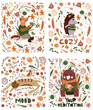 Cute forest animals in scarves and knitted sweaters are holding yarn or knitting.A of forest animals and leaves, bright flowers, etc.Cute cat, bear, cunning fox, etc.Suitable for creative projects.
