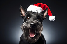 Scottish Terrier Dog With Red Santa Hat Excited For Christmas Portrait On Black Background