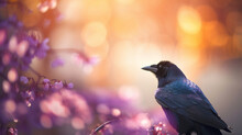 Crow Bird On A Branch With Blurred Abstract Bokeh Flare Background