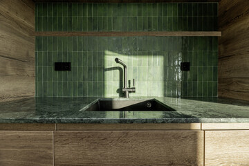 Sticker - Sink in a designer kitchen with a green marble countertop, tiles on the backsplash, black taps and wooden furniture