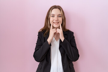 Sticker - Young caucasian business woman wearing black jacket smiling with open mouth, fingers pointing and forcing cheerful smile