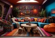 Classic modern living room Bohemia style interior design with colorful sofa and pillows.
