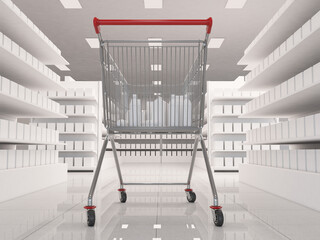 Supermarket shelves and aisles stocked with grocery box packaging and a red metal shopping cart with goods products. 3d rendering illustration