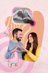 Sticker - Magazine picture collage image of happy smiling couple showing arms hear enjoying 14 february isolated creative background