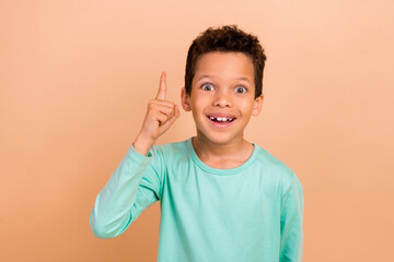 Sticker - Photo of little clever cheerful schoolkid toothy smile point finger brilliant idea isolated on beige color background