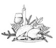 Thanksgiving roasted turkey, glass of wine and candle sketch. Roasted turkey on tray garnished with fruits. Hand drawn vector illustration.