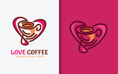 Wall Mural - Love Coffee Logo Design. Abstract Minimalist Love Shape Combined with Coffee Mug Design Concept. Flat Vector Logo Illustration.