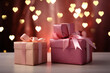 A set of gift boxes decorated for Valentine's Day in a room on a table against a background of lights