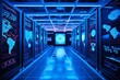View of a corridor in a fully operational data center, displaying a high-danger skull icon visualization and rack servers and supercomputers.