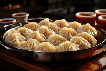 Wall Mural - Fresh and hot dumplings in a bowl on a wooden table.