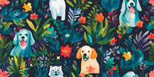 Cute Cartoon Spring Summer Dogs And Flowers. Vector Print Pet In Garden. Floral Seamless Pattern