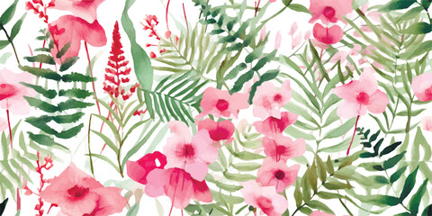 Poster - Seamless floral pattern with tropical leaves and pink flowers, leaves, ferns, watercolor print. Modern exotic jungle plants illustration, contemporary Fashionable template