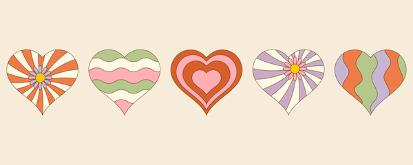 Wall Mural - vector collage of hearts in a trendy retro groovy 70s style. valentine's day design elements. vector