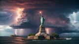 Fototapeta  - Estatua de la Libertad frente a una tormenta con rayos, New York, EE.UU. 