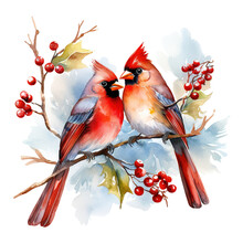 Red Cardinal Sitting On A Branch With Berries. AI Generated Image