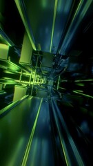 Wall Mural - 3d vertical video, abstract urban virtual reality tunnel. Futuristic motion graphic. Green and blue neon light glow. Camera shake. Drone fast flying away. Loop at 2K resolution.