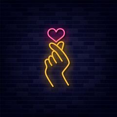 Wall Mural - Korean Finger Heart Neon Sign Vector, Neon Sign Symbol, Light banner, Light art