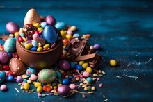 Delicious Chocolate Easter Eggs And Sweets On A Dark Blue Background