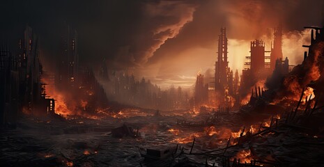 the destroyed city with smoke in the background, apocalypse art