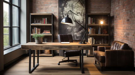 Wall Mural - Industrial-style home office with a reclaimed wood desk Design and a bookshelf