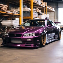 A Purple Car Parked In A Warehouse
