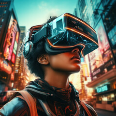 Wall Mural - Artistic representation of the metaverse: Double exposure featuring a person in VR headset, exploring a futuristic virtual world. ai generative
