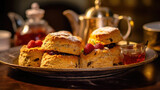 Fototapeta  - Gourmet cupcakes with a tea tray of sandwiches and scones