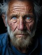 Portrait eines ernst blickenden alten Mannes mit weißen Haaren, grauem Bart, Falten und blauen Augen