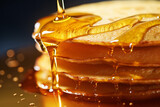 Fototapeta  - Delicious pancakes are topped with sweet syrup, with a droplet of honey for extra sweetness.