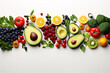 Eating nutritious cuisine is illustrated in a high-resolution display of sundry fruit and veg, on an isolated white backdrop with plentiful space.