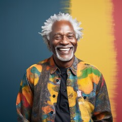 Wall Mural - Portrait of African American mature laughing man with gray hair on bright colorful background.