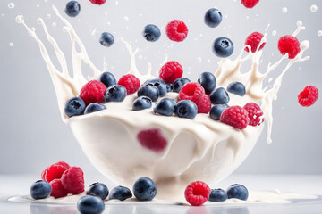 Wall Mural - Fresh Raspberry, blueberries splashing into milk or yogurt. Generative Ai.