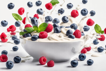 Wall Mural - Fresh Raspberry, blueberries splashing into milk or yogurt. Generative Ai.