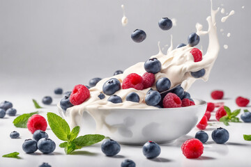 Wall Mural - Fresh Raspberry, blueberries splashing into milk or yogurt. Generative Ai.