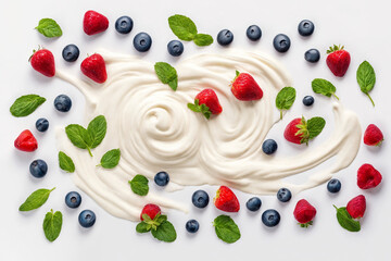 Wall Mural - Mix of fresh berries in the yoghurt or cream. Generative Ai.