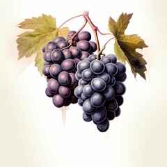 Poster - AI generated illustration of a bunch of ripe purple grapes growing on a vine with lush green leaves