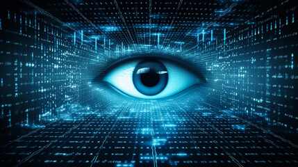 Digital blue eye with binary code. Technology concept. 
Data protection, Cyber Security, Privacy. 3D Rendering.

