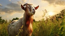 Closeup Shot Of A Cute Goad Standing On A Grass