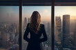 A successful businesswoman looks out the window at the cityscape from an office in a skyscraper, back view. AI generative
