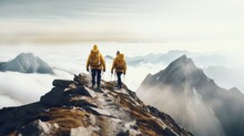 Two Hikers Hiking On A Snowy And Foggy Mountain Peak