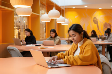 Wall Mural - Happy students use laptop devices in public places, public libraries