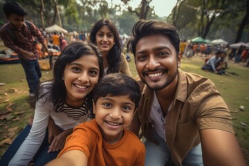 indian families enjoy day outdoors at a city park with a picnic