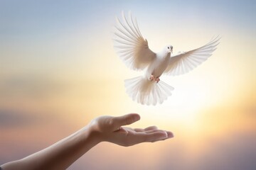 Wall Mural - A white pigeon flies in the sky and human hand. Dove of peace. AI generative