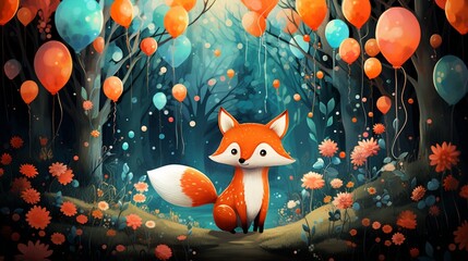 Wall Mural - A charming fox exploring a vibrant balloon forest in a whimsical woodland.